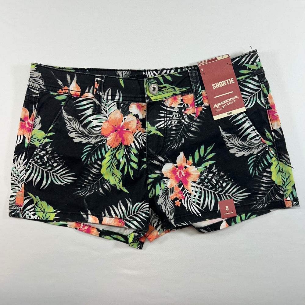 Arizona Jean Co Women 5 Shortie Shorts Black Tropical Floral Hibiscus Stretch